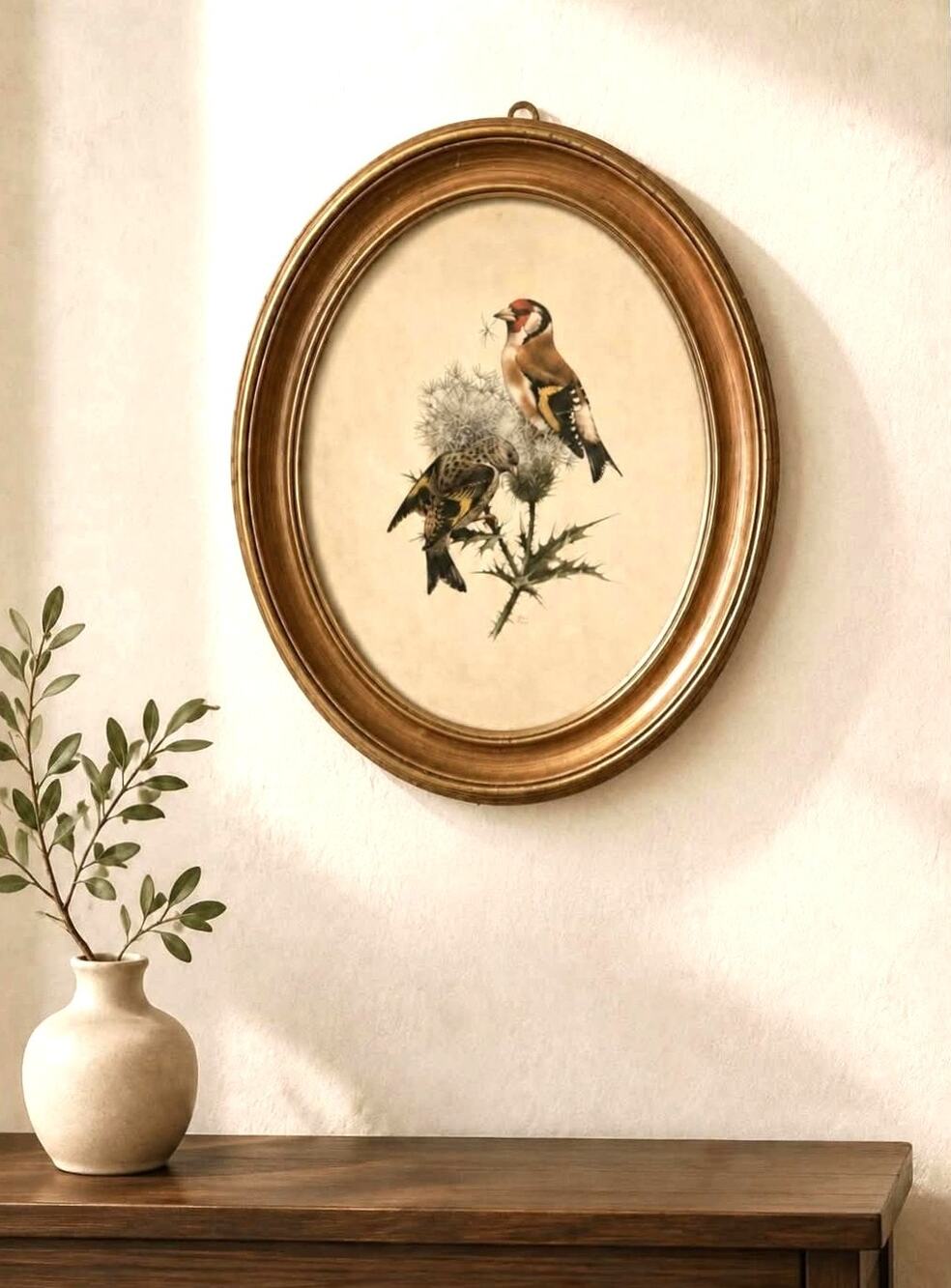 Vintage Framed Bird Print Goldfinches Botanical Oval Wood Gold Frame 12" x 10"